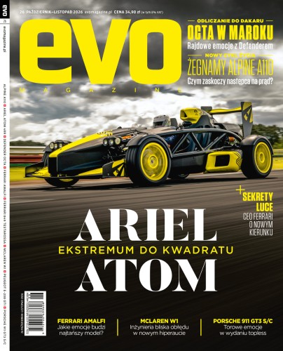 Okładka EVO Magazine Polska nr 26 (październik–listopad 2026) z Ariel Atom 4RR. W numerze testy Ferrari Amalfi, McLarena W1, Porsche 911 GT3 S/C, pożegnanie Alpine A110 oraz wyprawa Defenderem OCTA do Maroka.